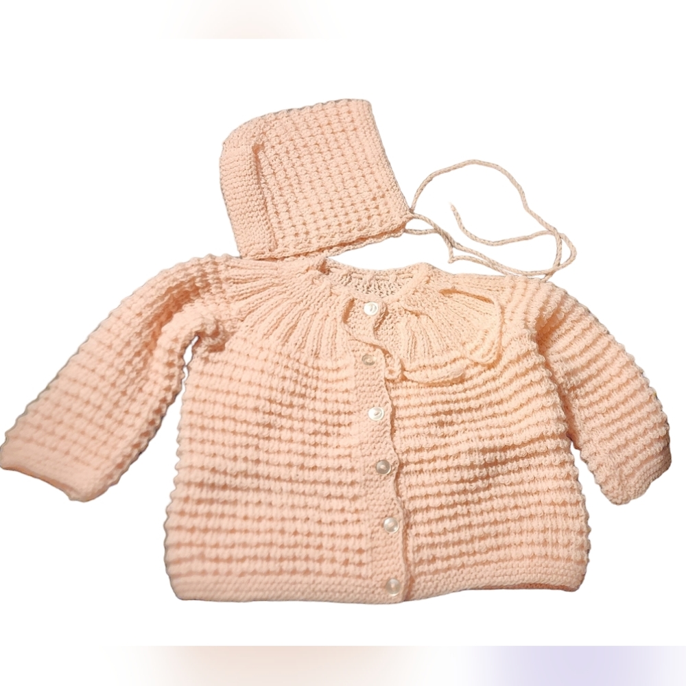Handmade Knitted Pink Girls Baby Sweater and Hat